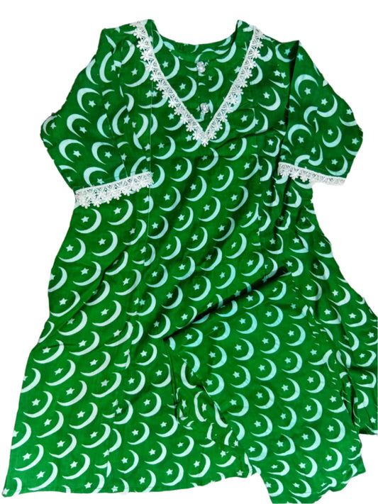 2 Piece Stitched 14th August Green Lawn stitched dress for girls